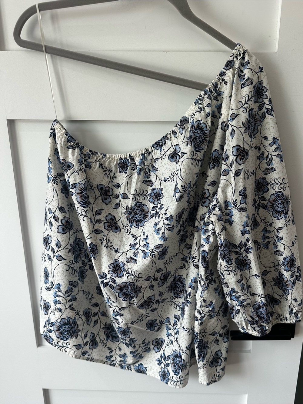 J. Jill One Shoulder Puff Sleeve Top Sz XL Petite Blue Floral Cotton Modal Blend